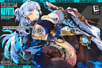 Rule 34 | 1girl, absurdres, artist name, blue eyes, blue hair, blue lips, breast tattoo, breasts, character name, colored inner hair, commentary, defaultz, dice, earrings, english commentary, english text, floral print, goddess of victory: nikke, grey hair, hand tattoo, highres, jewelry, leg tattoo, leotard, long hair, multicolored hair, nayuta (nikke), patreon username, single leg pantyhose, single thighhigh, solo, spider tattoo, tassel, tattoo, thighhighs, twitter username, zenless zone zero