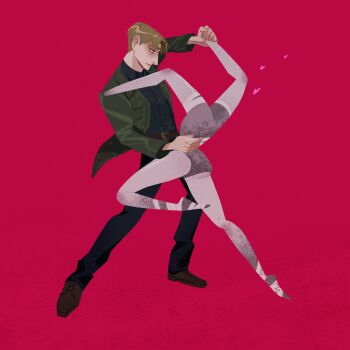 Rule 34 | 1boy, 1girl, absurdres, bandaged foot, bandages, belt, black pants, blonde hair, brown belt, brown shoes, collared shirt, dancing, full body, green jacket, grey shirt, hand on another's back, highres, jacket, james sunderland, mannequin (silent hill), monster girl, pants, parted lips, pink background, red eyes, shelly chen, shirt, shoes, short hair, silent hill (series), silent hill 2