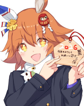 +_+ 1girl absurdres animal_ears black_coat blush clover_hair_ornament coat commentary_request daruma_doll daruma_doll_hair_ornament ear_covers flipped_hair four-leaf_clover_hair_ornament hair_between_eyes hair_ornament highres holding_ema horse_ears horse_girl looking_at_viewer matikanefukukitaru_(umamusume) open_mouth orange_hair scarf school_uniform shirt short_hair simple_background single_ear_cover smile soanote solo tracen_winter_coat umamusume upper_body white_background white_scarf winter_clothes winter_coat