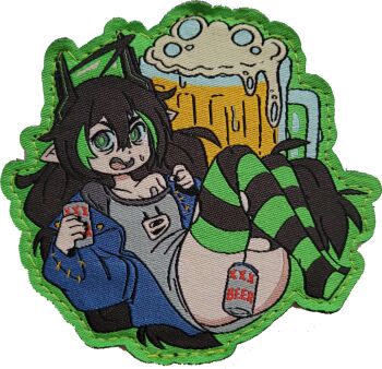 1girl 2025 alcohol beer beer_can can drink_can elfinpsyop green_eyes indie_virtual_youtuber jumdoux open_mouth pointy_ears solo sweatdrop transparent_background