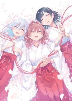 3girls amagami-san_chi_no_enmusubi amagami_asahi amagami_yae amagami_yuna black_hair blue_hair breasts closed_eyes commentary_request hakama hakama_skirt highres holding holding_string japanese_clothes large_breasts lying marcey miko multiple_girls official_alternate_hair_length official_alternate_hairstyle on_back open_mouth pink_petals red_hair red_hakama short_hair siblings sisters skirt smile string white_background white_kosode