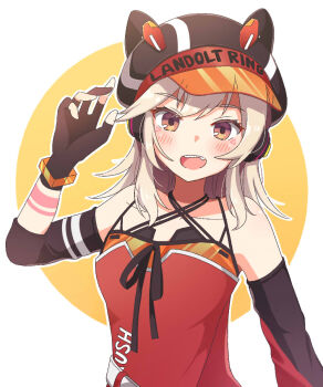 1girl bare_shoulders blush collarbone commentary_request criss-cross_halter detached_sleeves dress grey_hair halterneck hat headphones highres kohaku_(csacu) komori_met komori_met_(1st_costume) long_hair looking_at_viewer nanashi_inc. open_mouth red_dress smile solo upper_body virtual_youtuber