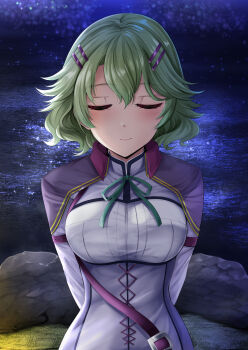 Rule 34 | 1girl, arms behind back, bow, bowtie, breasts, closed eyes, closed mouth, double-parted bangs, eiyuu densetsu, green bow, green bowtie, green hair, hair between eyes, highres, imminent kiss, kagura yuuto, looking at viewer, medium breasts, musse egret, night, night sky, ocean, outdoors, sen no kiseki, sen no kiseki (series), sen no kiseki iv, short hair, sky, solo, star (sky), starry sky, upper body