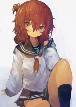 1girl absurdres black_sailor_collar black_skirt black_socks brown_eyes brown_hair closed_mouth commentary folded_ponytail grey_background hair_between_eyes hand_in_own_hair highres inazuma_(kancolle) kaamin_(mariarose753) kantai_collection kneehighs long_sleeves looking_at_viewer neckerchief pleated_skirt red_neckerchief sailor_collar school_uniform serafuku simple_background sitting skirt socks solo