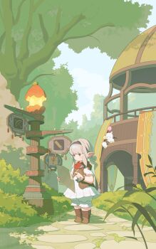 Rule 34 | 1girl, absurdres, black eyes, black hairband, boots, bracelet, brown boots, brown hair, brown vest, bush, commentary request, dress, final fantasy, final fantasy xiv, gridania, hairband, highres, holding, holding map, jewelry, lalafell, map, moogle, pointy ears, red scarf, scarf, shiokori, signpost, tree, vest, warrior of light (ff14), white dress