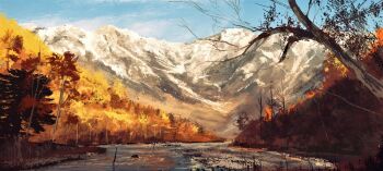 Rule 34 | absurdres, autumn, blue sky, commentary request, day, forest, highres, mountain, nature, no humans, original, outdoors, river, scenery, sky, spoon jygnk, tree