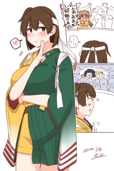 absurdres admiral_(kancolle) breasts brown_eyes brown_hair commentary_request cowboy_shot green_kimono headband heart highres hiryuu_(kancolle) hiryuu_kai_san_(kancolle) japanese_clothes kantai_collection kazagumo_(kancolle) kimono large_breasts short_hair souryuu_(kancolle) spoken_heart tasuki two-tone_kimono watashitachino_kareshi white_headband yellow_kimono