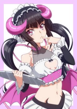 1girl bare_shoulders black_hair breasts commentary_request demon_horns demon_wings highres holding holding_plate horns light_blush long_hair long_sleeves maid_headdress miyabi_mt-b navel pink_background pink_eyes plate senki_zesshou_symphogear signature simple_background skirt small_breasts solo tsukuyomi_shirabe twintails white_background wings