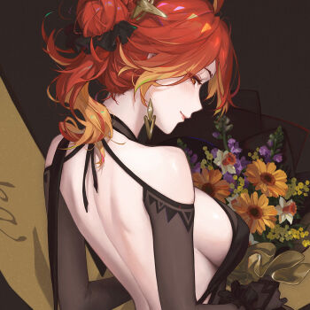 Rule 34 | 1girl, alternate costume, ass, backless dress, backless outfit, black dress, black gloves, bouquet, breasts, butt crack, commentary, cowboy shot, dress, earrings, elbow gloves, english commentary, flower, genshin impact, gloves, hair up, highres, holding, holding bouquet, jewelry, kuri kuriku, large breasts, looking at viewer, looking back, mavuika (genshin impact), red eyes, red hair, solo
