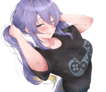 Rule 34 | 1girl, adjusting hair, arms up, breasts, bunching hair, commentary, denim, english commentary, from above, game controller print, hair between eyes, highres, hololive, hololive indonesia, horisu (kholiskun), jeans, large breasts, moona hoshinova, multicolored hair, one eye closed, pants, purple eyes, purple hair, see-through clothes, shirt, smile, solo, t-shirt, twintails, virtual youtuber