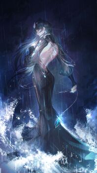 1girl absurdres aqua_eyes aqua_gemstone back backless_dress backless_outfit black_dress black_hair black_hat body_chain chinese_commentary commentary_request dress earrings fascinator fishnet_veil from_behind full_body gem hand_on_own_chest hat highres holding holding_pendulum jelena_(path_to_nowhere) jewelry lips long_dress long_hair long_sleeves looking_at_viewer looking_back mermaid_dress mulijiang911 night path_to_nowhere pendulum pinstripe_sleeves profile puffy_sleeves rain sideways_glance solo standing striped_sleeves tears wading water