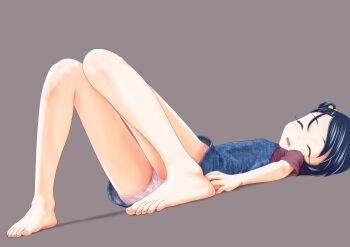Rule 34 | 1girl, absurdres, barefoot, blue dress, blue hair, closed eyes, denim dress, dress, drooling, eyebrows, feet, female focus, foreshortening, grey background, hair ornament, highres, knees up, legs, lying, medium hair, ogyadya, on back, one side up, open mouth, original, panties, pantyshot, parted bangs, pink panties, red shirt, shirt, short sleeves, simple background, sleeping, solo, thighs, toenails, toes, underwear