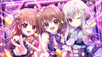 3girls :d ahoge belt blue_dress blue_eyes blue_necktie blue_ribbon blurry blurry_foreground blush bow breasts brown_hair closed_mouth clothing_cutout confetti detached_sleeves dot_nose dress dutch_angle fang film_grain flower game_cg gloves grey_hair hair_flower hair_intakes hair_ornament hand_on_own_hip hand_up ichijou_ruka idol idol_clothes izumi_tsubasu lens_flare long_hair looking_at_viewer mizushino_tamaki multiple_belts multiple_girls neck_garter necktie non-web_source official_art one_eye_closed open_mouth orange_bow orange_flower pink_ribbon purple_belt purple_bow purple_dress purple_eyes purple_sleeves re:stage! red_hair ribbon screen shikimiya_aone short_hair_with_long_locks short_necktie sideboob sleeveless sleeveless_dress small_breasts smile sparkle stage stage_lights stomach_cutout v white_gloves wrist_ribbon