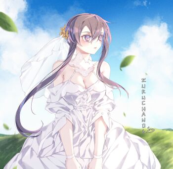 1girl absurdres bare_shoulders black_eyes black_hair blush dress floating_hair hair_between_eyes hair_ornament highres kuzuru_(zuru_chan06) long_hair long_sleeves mole mole_under_eye multicolored_hair original two-tone_hair white_dress