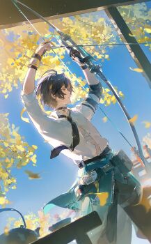 Rule 34 | 1boy, absurdres, ahoge, archery, arms up, arrow (projectile), asaba harumasa, bandaged chest, bandages, black hair, black necktie, black pants, bow (weapon), closed mouth, clothes around waist, collared shirt, drawing bow, dutch angle, from side, gloves, green jacket, hashtag-only commentary, headband, highres, holding, holding arrow, holding bow (weapon), holding weapon, jacket, jacket around waist, kyuudou, leaf, luochun ring, necktie, outdoors, pants, partially fingerless gloves, partly fingerless gloves, railing, shirt, sky, sleeves rolled up, solo, standing, table, weapon, white shirt, yellow eyes, yellow gloves, yellow headband, yugake, zenless zone zero