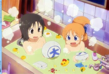 2girls :d absurdres anime_coloring artist_name bathing bathtub black_eyes black_hair blue_eyes crease folded_ponytail food fruit highres indoors loli looking_at_object mogura_(nichijou) multiple_girls nichijou nishiya_futoshi nude nyantype official_art open_mouth orange_hair partially_submerged professor_shinonome same-sex_bathing scan shared_bathing shinonome_nano short_hair smile steam third-party_source tile_wall tiles yuzu_(fruit) yuzu_bath