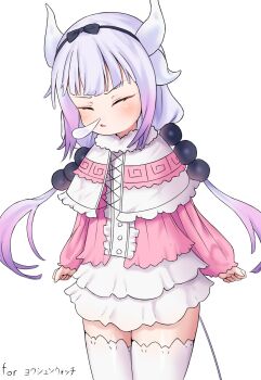 Rule 34 | 1girl, beads, black hairband, blunt bangs, bow hairband, capelet, center frills, clenched hands, closed eyes, cross-laced clothes, dragon girl, dragon horns, dragon tail, dress, frilled capelet, frilled dress, frilled sleeves, frills, fur-trimmed capelet, fur trim, gradient hair, hair beads, hair ornament, hairband, highres, horns, kanna kamui, kobayashi-san chi no maidragon, lace, lace-trimmed thighhighs, lace trim, layered dress, long hair, long sleeves, multicolored hair, parted lips, pink dress, purple hair, seori, simple background, snot, solo, tail, thighhighs, twintails, white background, white capelet, white hair, white horns, white thighhighs