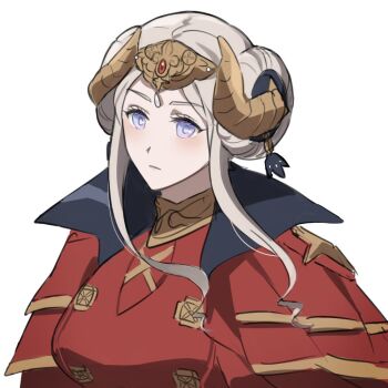 Rule 34 | 1girl, breasts, cape, commentary request, edelgard von hresvelg, edelgard von hresvelg (timeskip), fake horns, fire emblem, fire emblem: three houses, hair up, heigen no bambi, horned headwear, horns, korean commentary, long hair, long sidelocks, medium breasts, nintendo, purple eyes, red cape, sidelocks, solo, white hair