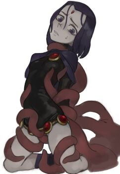 1girl bad_link dc_comics feason feet_out_of_frame forehead_jewel leotard purple_eyes purple_hair raven_(dc) short_hair simple_background solo sweat teen_titans tentacle_around_neck tentacle_grab tentacles thighs white_background