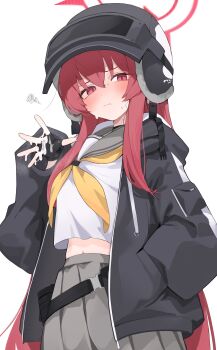 1girl black_helmet black_jacket blue_archive blush closed_mouth cum cum_on_body cum_on_hands grey_skirt halo hand_in_pocket helmet highres jacket long_hair looking_at_viewer mikozin neckerchief open_clothes open_jacket pleated_skirt rabu_(blue_archive) red_eyes red_hair red_halo school_uniform serafuku shirt simple_background skirt solo sweat very_long_hair white_background white_shirt yellow_neckerchief