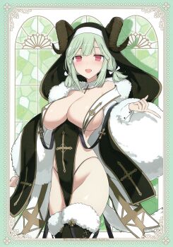 1girl absurdres black_panties black_thighhighs black_veil breast_curtains breasts cleavage coif cross cross_necklace curled_horns demon_horns down_jacket fur-trimmed_thighhighs fur_trim green_hair highres horns jacket jewelry large_breasts light_blush looking_at_viewer low_twintails medium_hair mole mole_on_thigh naraku_(senran_kagura) necklace no_bra non-web_source nun official_art open_mouth panties pelvic_curtain senran_kagura senran_kagura_new_link short_twintails sidelocks smile solo thighhighs twintails underwear veil yaegashi_nan