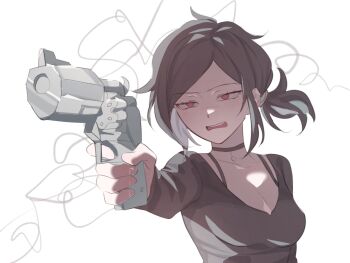 Rule 34 | abstract background, aiming, ashley graves, black choker, black hair, black shirt, breasts, choker, cleavage, collarbone, finger on trigger, furrowed brow, gun, highres, holding, holding gun, holding weapon, luvoff1cer, medium breasts, open mouth, ponytail, red eyes, shirt, short hair, short ponytail, sketch, teeth, the coffin of andy and leyley, upper body, upper teeth only, weapon, white background