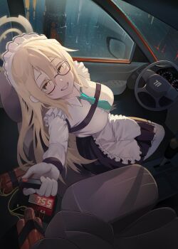1girl akane_(blue_archive) apron blue_archive bomb breasts brown_eyes car_interior car_seat countdown_timer detonator dynamite explosive glasses gloves grin hair_between_eyes halo highres jambaeng large_breasts left-hand_drive long_hair maid maid_apron maid_headdress motor_vehicle necktie rain seatbelt shirt sitting smile steering_wheel time_bomb vehicle_interior water_drop white_shirt