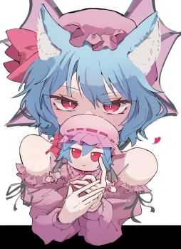 Rule 34 | 1girl, amane hoshina, animal ears, blue hair, cat ears, character doll, commentary request, doll, fumo (doll), hair between eyes, hat, heart, highres, holding, holding doll, looking at viewer, mob cap, pink hat, pink shirt, red eyes, red ribbon, remilia scarlet, ribbon, shirt, short hair, solo, touhou, upper body