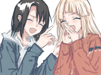 2girls :d ^_^ bang_dream! bang_dream!_girls_band_party! black_hair blonde_hair blue_jacket blush closed_eyes commentary diagonal_bangs hands_up hood hoodie jacket long_hair long_sleeves medium_hair multiple_girls okusawa_misaki open_clothes open_jacket open_mouth orange_sweater own_hands_together simple_background smile sweater tsurumaki_kokoro upper_body white_background white_hoodie yukitake_(bullfalk)
