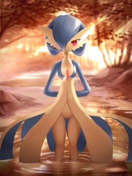 Rule 34 | 1girl, :3, absurdres, alternate color, alternate eye color, ancesra, arms behind back, artist name, blue skin, blurry, blurry background, blush, bob cut, breasts, closed mouth, colored skin, english text, female focus, forest, gardevoir, gen 3 pokemon, gluteal fold, hair over one eye, half-closed eyes, happy, highres, light rays, looking at viewer, multicolored skin, nature, nintendo, outdoors, partially submerged, patreon username, pokemon, pokemon (creature), pussy, red eyes, ripples, shiny pokemon, short hair, small breasts, smile, solo, standing, straight-on, stream, sunlight, sunset, tree, two-tone skin, uncensored, wading, water, watermark, white skin