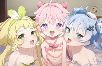 3girls ahoge aqua_eyes blonde_hair blue_hair bow braid breasts clothes_pull collar double_bun dress_pull encore_(wuthering_waves) fang flat_chest gradient_hair green_eyes green_hairband hair_bow hair_bun hairband highres loli long_hair looking_at_viewer multicolored_hair multiple_girls naked_ribbon nipples open_mouth pink_bow pink_hair purple_eyes ribbon skin_fang small_breasts smile spaghetti_strap strap_slip tacet_mark_(wuthering_waves) tongue tongue_out verina_(wuthering_waves) watarurikka white_hair white_hairband wuthering_waves youhu_(wuthering_waves)