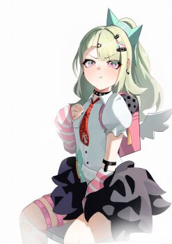 Rule 34 | 1girl, :t, absurdres, arm warmers, bag, bandaid, bandaid hair ornament, black skirt, blush, chen kang, commentary request, earrings, fur-trimmed skirt, fur trim, green eyes, green hair, hair ornament, heart, highres, jewelry, looking at viewer, multiple hair clips, musical note earrings, necktie, pink arm warmers, pink bag, pout, red necktie, shirt, simple background, single thighhigh, sitting, skirt, solo, striped arm warmers, sunna (zenless zone zero), thighhighs, thighs, white background, white shirt, white thighhighs, white wings, winged bag, wings, zenless zone zero