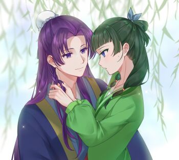 1boy 1girl absurdres beads blue_eyes blue_jacket blue_ribbon blunt_bangs braiding_another's_hair bun_cover chinese_clothes closed_mouth green_hair green_shirt hair_beads hair_bun hair_ornament hair_ribbon half_updo hands_in_another's_hair hashtag-only_commentary hetero highres jacket jinshi_(kusuriya_no_hitorigoto) kusuriya_no_hitorigoto light_blush light_smile long_hair looking_at_another maomao_(kusuriya_no_hitorigoto) parted_lips purple_eyes purple_hair ribbon shirt ssss770007 sweatdrop upper_body