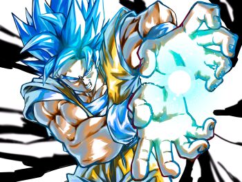 1boy absurdres blue_eyes blue_hair blue_sash blue_shirt clenched_teeth cowboy_shot dragon_ball dragon_ball_super highres kamehameha_(dragon_ball) male_focus medium_hair muscular muscular_male nazunnio1225 orange_pants orange_shirt pants powering_up sash shirt solo son_goku super_saiyan super_saiyan_blue teeth