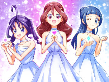 3girls :d ;) ahoge alternate_costume aokaze_nana arched_bangs bare_arms bare_shoulders blue_background blue_eyes blue_hair blunt_ends blush brown_hair choker closed_mouth collar collarbone colorful_background commentary cowboy_shot cupping_hand curled_fingers detached_collar diamond_(shape) double-parted_bangs dress eighth_note flat_chest fortissimo gradient_background hair_between_eyes hair_bun hair_intakes hair_ornament hairband hands_up heart heart_hands highres kimi_to_idol_precure light_particles long_dress long_hair looking_at_viewer mimimix multiple_girls musical_note musical_note_hair_ornament off-shoulder_dress off_shoulder one_eye_closed open_mouth own_hands_clasped own_hands_together pink_background pink_eyes pink_hairband precure purple_background purple_eyes purple_hair sakura_uta_(precure) shigure_kokoro side-by-side smile standing three-toned_background twintails white_choker white_collar white_dress x_hair_ornament