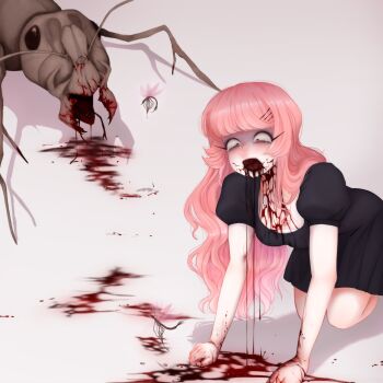 !? 1girl absurdres ant bags_under_eyes black_dress black_eyes bleeding blood blood_from_mouth blood_on_arm blood_on_clothes blood_on_face blood_on_hands blood_splatter bug constricted_pupils crying crying_hysterically crying_with_eyes_open distress dress fairy flying_insects giant_bug girl_in_distress guro hair_ornament hairclip highres immihu injury insect insect_wings kneeling knees long_hair looking_down loosing_teeth lovelettechan messy_hair missing_tooth nervous_sweating no_teeth open_mouth original panicking pink_hair pool_of_blood puffy_short_sleeves puffy_sleeves red_hair scared screaming sharp_eyelashes short_dress short_sleeves simple_background solo stinger struggling surprised sweat tears teeth theft toothfairy turn_pale wavy_hair wide-eyed wings
