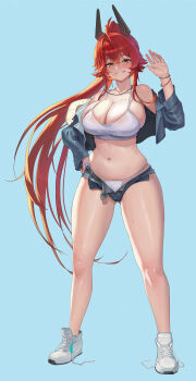 1girl absurdres belt blue_background breasts camisole commentary denim denim_jacket denim_shorts english_commentary exposed_pocket goddess_of_victory:_nikke gomjae highres horns jacket large_breasts mechanical_horns medium_sidelocks micro_shorts official_alternate_costume official_alternate_hairstyle open_belt red_hair red_hood_(nikke) red_hood_(retro_days)_(nikke) ribbed_camisole shorts simple_background smile solo untied_shoelaces waving white_camisole yellow_eyes
