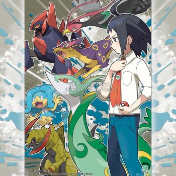 Rule 34 | 1boy, :3, adjusting clothes, adjusting necktie, ahoge, artist name, belt, bird, black belt, black eyes, black hair, black sclera, blue pants, blush, breast pocket, cheren (pokemon), closed eyes, closed mouth, collared shirt, colored sclera, commentary, company name, copyright notice, denim, english commentary, fangs, flying, from side, gen 5 pokemon, gigalith, green eyes, haxorus, holding, holding poke ball, instagram username, jeans, liepard, male focus, merchandise available, necktie, nintendo, official style, open mouth, outline, pants, pocket, poke ball, poke ball (basic), pokemon, pokemon (creature), pokemon bw, red eyes, red necktie, serperior, shirt, short hair, simipour, smile, tom higgins, unfezant, unfezant (male), watermark, white outline, white shirt, yellow eyes