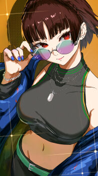 1girl absurdres black_pants black_shirt blue_jacket breasts brown_background brown_eyes brown_hair commentary_request cowboy_shot cropped_shirt highres jacket jewelry medium_breasts midriff navel niijima_makoto pants pendant persona persona_5 shirt short_hair solo sunglasses yuu_(primenumber7)