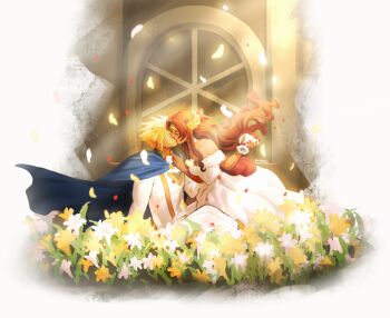 1boy 1girl absurdres aerith_gainsborough blonde_hair blue_cloak bouquet breasts church cloak closed_eyes cloud_strife couple dress falling_petals final_fantasy final_fantasy_vii flower flower_bed hair_flower hair_ornament hair_ribbon hetero highres holding holding_bouquet jacket kiss lily_(flower) long_dress long_hair medium_breasts off-shoulder_dress off_shoulder pants parted_bangs petals pink_ribbon ribbon robboyu short_hair sidelocks spiked_hair white_dress white_flower white_jacket white_pants yellow_flower