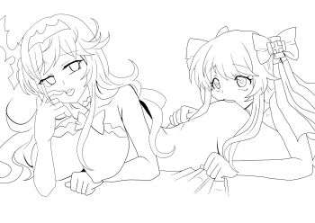 2girls ass bite_mark bite_mark_on_ass bite_mark_on_breast bite_mark_on_shoulder biting biting_ass breasts chaos_aurora_(grimms_notes) chaos_marie_(grimms_notes) completely_nude f-doll grimms_notes hair_ribbon hand_up heart heart-shaped_pupils highres large_breasts lineart long_hair lying multiple_girls nipples nude on_bed open_mouth ribbon symbol-shaped_pupils unfinished yuri