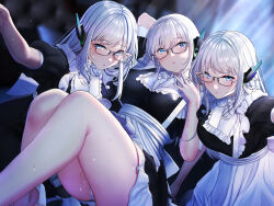 Rule 34 | 3girls, apron, bare legs, black dress, blue eyes, blurry, blurry background, blush, clothes lift, dress, glasses, headset, highres, long hair, looking at viewer, maid, maid apron, multiple girls, night, non-web source, original, panties, parted lips, pointy ears, shiroiruka, short sleeves, skirt, skirt lift, sweat, underwear, white background, white panties