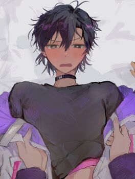 2boys alternate_costume antenna_hair bed_sheet black_choker black_hair black_shirt blush brown_eyes cheng_xiaoshi choker clothes_lift hair_between_eyes highres jacket kapa_kun lifting_another&#039;s_clothes long_sleeves looking_at_viewer lying male_focus multiple_boys off_shoulder on_back on_bed open_clothes open_jacket open_mouth out_of_frame ponytail pov pov_hands shiguang_dailiren shirt shirt_lift short_hair short_ponytail solo_focus sweat undressing undressing_another upper_body white_jacket yaoi