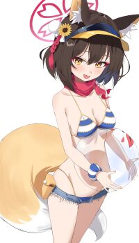 1girl absurdres animal_ear_fluff animal_ears ball beachball bikini blue_archive blush breasts brown_hair d_(delt4) denim denim_shorts flower fox_ears fox_girl fox_tail hair_between_eyes hair_flower hair_ornament halo highleg highleg_bikini highres holding holding_ball holding_beachball izuna_(blue_archive) izuna_(swimsuit)_(blue_archive) large_tail medium_breasts medium_hair micro_shorts open_mouth orange_tail pink_halo pom_pom_(clothes) pom_pom_hair_ornament red_scarf scarf scrunchie shorts simple_background solo stomach striped_bikini striped_clothes sunflower sunflower_hair_ornament swimsuit tail visor_cap white_background wrist_scrunchie yellow_eyes yellow_visor