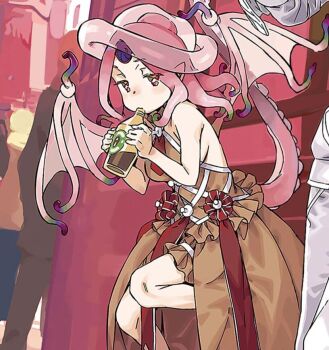 1boy 1girl accelerator_(toaru_majutsu_no_index) armpits bag bare_arms bare_shoulders bottle breasts bright_pupils building commentary cropped crowd demon_girl demon_wings dress drinking english_commentary feet_out_of_frame floating_clothes frilled_dress frills from_side gradient_hair grey_dress haimura_kiyotaka hair_between_eyes hair_bun headgear high_collar holding holding_bottle hole_in_head horizontal_pupils jacket large_breasts looking_at_viewer medium_hair multicolored_eyes multicolored_hair necktie novel_illustration official_art out_of_frame pants paper_bag pink_hair pointy_ears purple_eyes qliphah_puzzle_545 rags red_necktie red_ribbon ribbon sharp_teeth sideboob sitting sleeveless squid_girl standing standing_on_one_leg symbol-shaped_pupils tail teeth tentacle_hair tentacle_tail tentacles third-party_source toaru_majutsu_no_index toaru_majutsu_no_index:_new_testament v-shaped_eyebrows white_jacket white_pants wings winter_clothes yellow_pupils