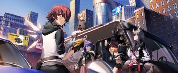 5girls :d animal_ear_fluff animal_ears arknights arm_up billboard black_cloak black_gloves black_hair black_jacket black_shorts black_skirt black_sleeves black_tank_top blonde_hair blue_eyes blue_hair blue_sky breasts building can car cigarette city cleavage cloak closed_mouth cloud collarbone cow_horns cowboy_shot croissant_(arknights) crop_top day demon_horns detached_wings energy_wings exusiai_(arknights) eyebrows_hidden_by_hair fingerless_gloves full_body fur-trimmed_jacket fur_trim gloves green_eyes hair_between_eyes hair_over_one_eye highres holding holding_can holding_cigarette holding_paper hood hood_down hooded_jacket horns jacket long_hair long_sleeves looking_at_viewer looking_to_the_side looking_up masin0201 midriff mostima_(arknights) motor_vehicle multiple_girls navel open_clothes open_jacket open_mouth orange_hair outdoors paper penguin_logistics_(arknights) penguin_logistics_logo pink_skirt pouch raglan_sleeves red_eyes red_hair shadow shirt short_hair short_shorts short_sleeves shorts sidelocks sitting skirt sky skyscraper smile smoke sora_(arknights) standing tail tank_top texas_(arknights) emperor_(arknights) twintails van visor white_gloves white_jacket white_shirt wings wolf_ears wolf_girl wolf_tail