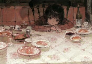 1girl absurdres arms_on_table black_hair bottle bowl chair chopsticks cup drinking_glass fish_(food) food grey_eyes head_down head_on_table head_rest highres indoors long_sleeves looking_at_viewer maomi_jita medium_hair nigirizushi noodles on_chair original own_hands_together parted_lips plate pov_across_table ramen red_shirt salt_shaker shirt signature sitting solo sushi table tablecloth wine_glass