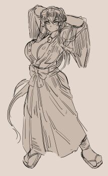 Rule 34 | 1girl, arms behind head, breasts, cleavage, feet, goggles, goggles on head, half-closed eyes, highres, japanese clothes, large breasts, legs, long hair, long skirt, low ponytail, magatama, magatama necklace, miko, monochrome, necklace, no bra, oekaki, ponytail, sengoku blade, sketch, skirt, sweatdrop, thighs, togashi koyori, very long hair