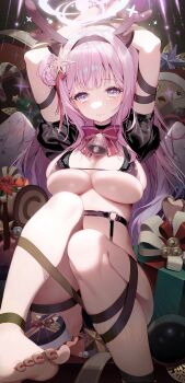 1girl absurdres angel_wings armpits bikini black_bikini blue_archive blush breasts christmas feathered_wings feet flower foreshortening hair_bun hair_ornament halo highres legs lemonpear long_hair looking_at_viewer medium_breasts mika_(blue_archive) nail_polish pink_hair presenting_foot red_nails single_side_bun smile soles solo swimsuit thighs toenail_polish toenails toes white_wings wings yellow_eyes