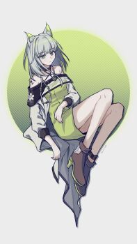 1girl animal_ear_fluff animal_ears arknights bare_shoulders black_boots boots breasts cat_ears cat_girl chinese_commentary closed_mouth commentary_request dongmian_yue dress full_body green_dress green_eyes grey_background grey_hair high_heels highres kal'tsit_(arknights) long_sleeves looking_at_viewer material_growth oripathy_lesion_(arknights) short_dress sitting solo